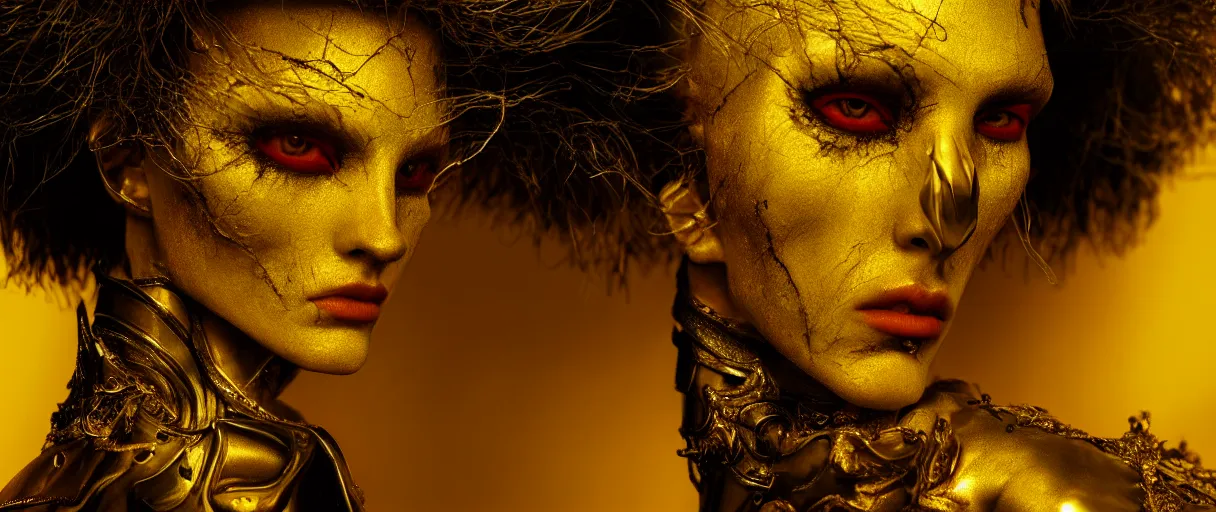 Image similar to hyperrealist highly detailed neo-baroque portrait of high fashion warrior concept art pascal blanche dramatic yellow lighting 8k wide angle shallow depth of field