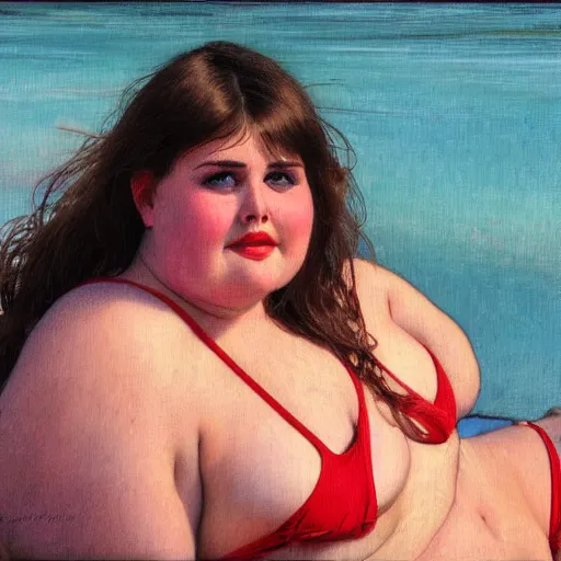 Image similar to portrait of cute 2 0 years old obese courtney cox in red swimsuit sitting on a beach, intricate, hyperdetailed, photorealistic, diffuse lighting, hdrp, artstation, unreal 5, smooth, textless, sharp focus, art by john collier, albert aublet, krenz cushart, artem demura, alphonse mucha