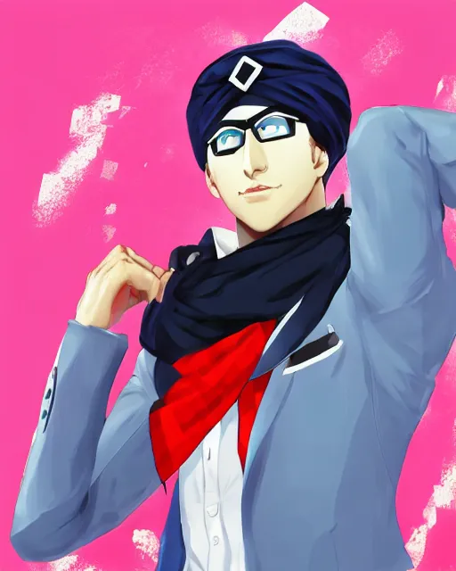 Prompt: A young man wearing a blue turban, beardless, shaven face, middle-eastern, in the style of Persona 5, Persona 5, Persona 5 artwork