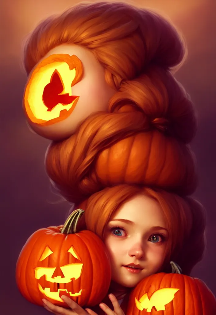 Prompt: hand drawn cute one gnomes face in autumn disguise holding pumpkin, detailed closeup face, concept art, low angle, high detail, warm lighting, volumetric, godrays, vivid, beautiful, trending on artstation, art by artgerm and greg rutkowski and alphonse mucha
