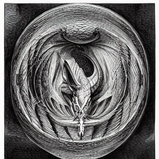 Prompt: xilography of a dragon by escher by gustave dore