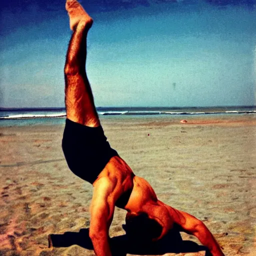 Image similar to benjamin netanyahu doing a headstand at the beach, rich colors, warm, summer