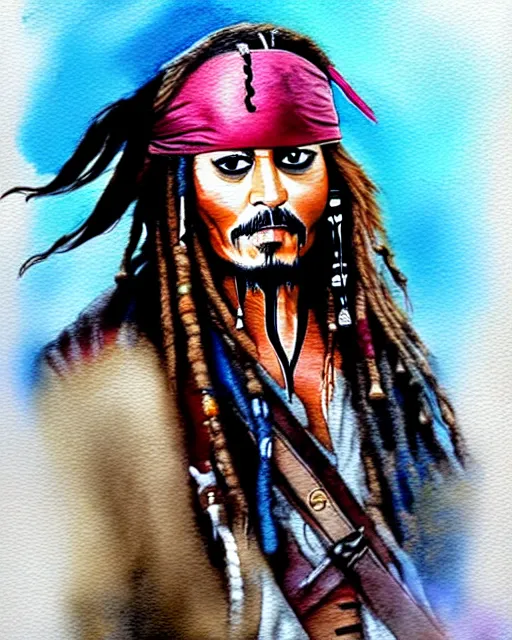 Prompt: portrait of captain jack sparrow, painterly style, matte illustration, watercolour