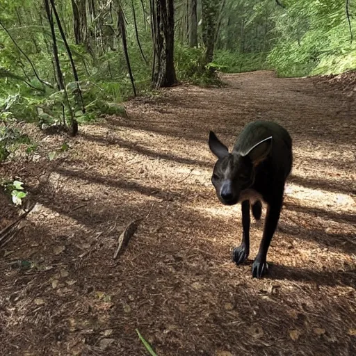 Prompt: Trailcam photograph of Obama stalking in the forest with predatory reflective eyes