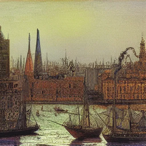 Image similar to lines, kaleidoscopic by eastman johnson, by john tenniel fluorescent purple, scooby doo. a drawing of a tall ship sailing through a cityscape. the ship is adorned with intricate details, while the cityscape is filled with towering palaces & other grand buildings.