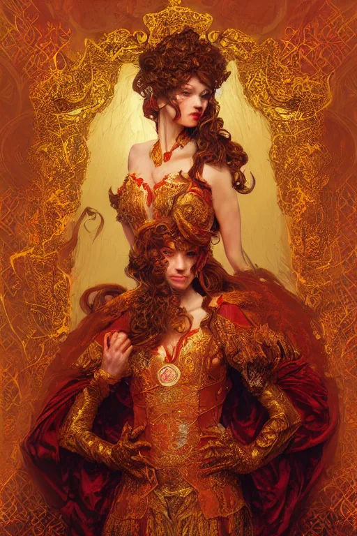 Prompt: tarot card artstation, portrait of an irish love dancer, sunrise, baroque ornamnet and rococo ornament, ancient chinese ornate, hyperdetailed, beautiful lighting, craig mullins, mucha, klimt, yoshitaka amano, red and gold and orange color palatte