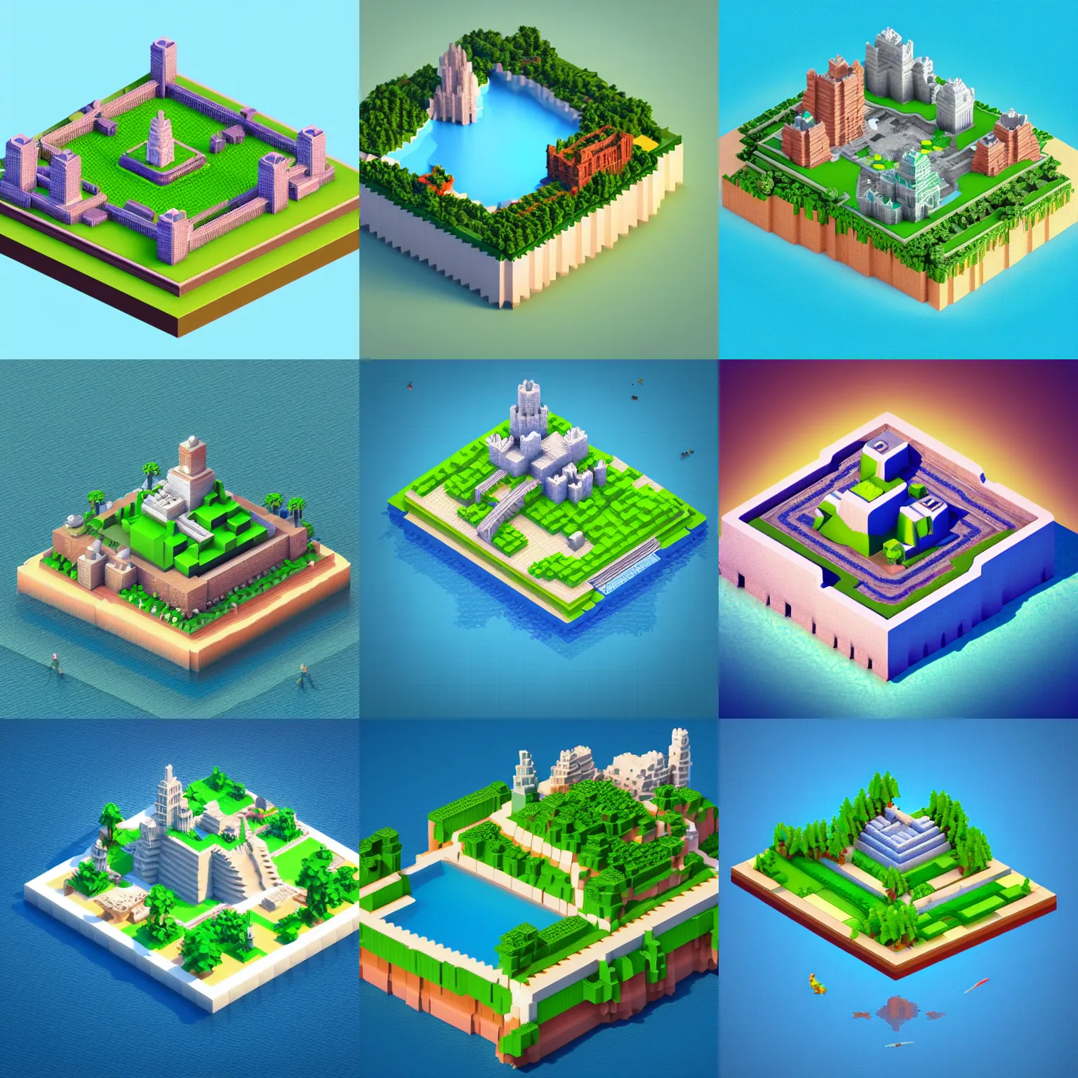 Prompt: isometric square 3d Render of voxel island with big building on the center, island is on the center of an image, on the island there is city with animals, no background, low poly, vray render 4k