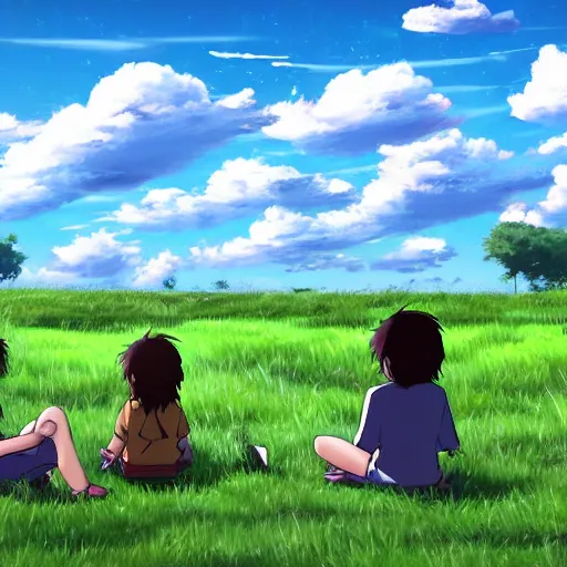 Prompt: detailed digital drawing of a few children sitting on a grass field look at a war with spaceships in the sky, anime by Makoto Shinkai