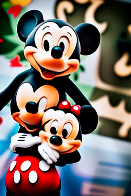 Prompt: tony soprano hugging mickey mouse, extreme bokeh, 7 5 mm