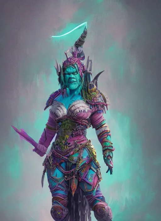 Image similar to detailed full body concept art illustration colorful pastel painting of a female orc warrior in full intricate clothing, ultra detailed, digital art, octane render, 4K, dystopian, micro details