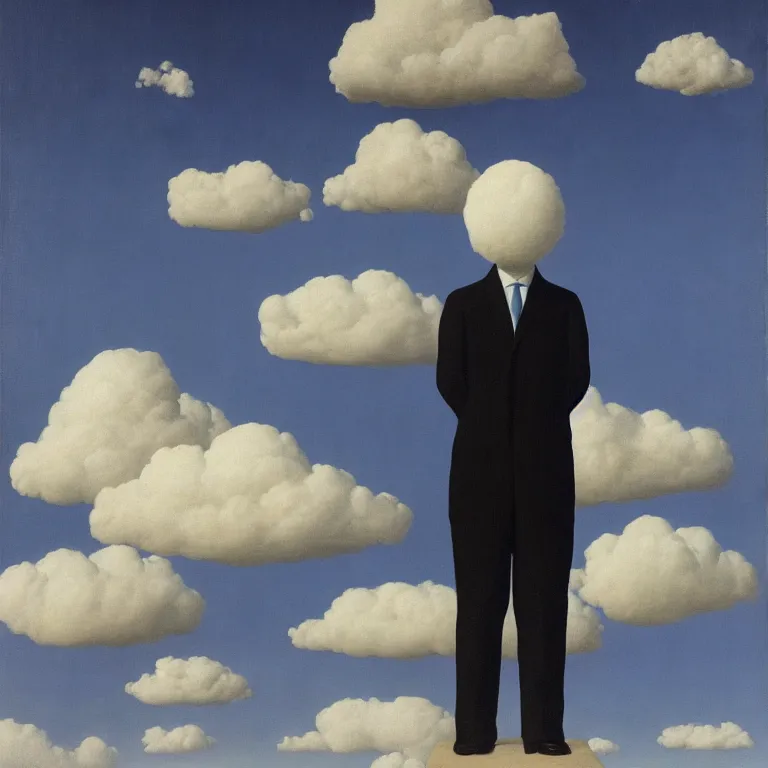 Image similar to cloud - man, by rene magritte, centered, detailed painting, hd, hq, high resolution, high detail, 4 k, 8 k