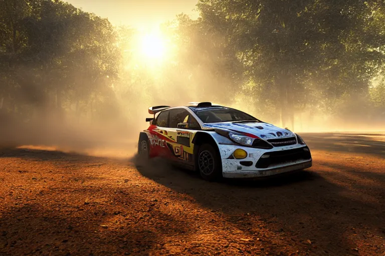 Prompt: wrc rally car, dusty road sun rays shing through the trees and dust tyre marks and motion blur design 3 dmax vray maya pixar unreal 5, hyperrealistic, octane render, dynamic lighting, intricate detail, harvest fall vibrancy, cinematic beeple, by thomas kinkade global illumination ray tracing hdr