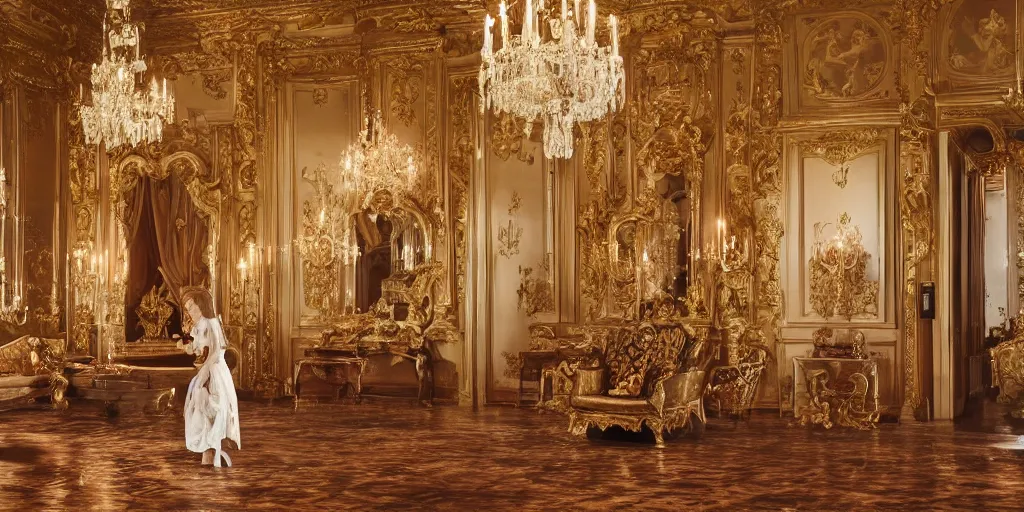 Prompt: highly detailed photo of a baroque dreamy room full of renaissance furniture with a long flowery hair princess walking, cinematic lighting, intricate, 4k resolution, elegant