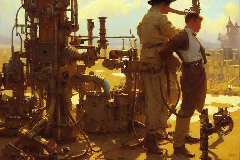 Image similar to male repairing machine, dieselpunk, painting by gaston bussiere, craig mullins, j. c. leyendecker