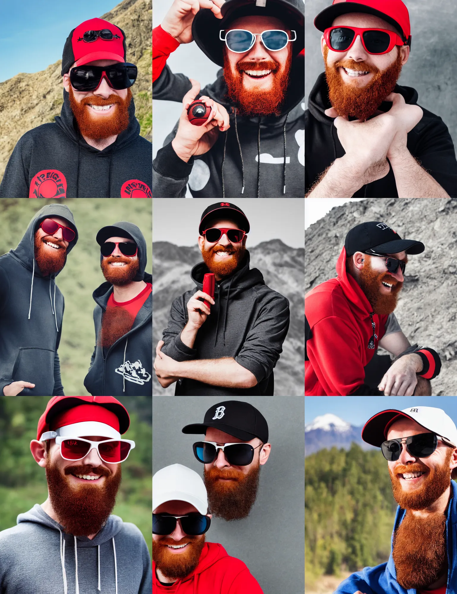 Prompt: red bearded engineer with sunglasses and black baseball cap and hoody, strait hands, mountain, smiley profile, white skin, centred, high detailed