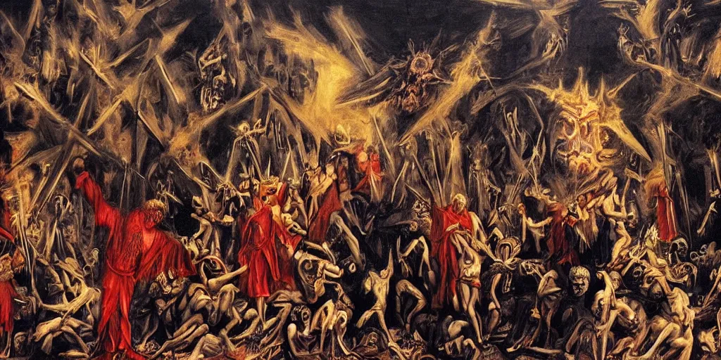 Prompt: dante's inferno painting, with biden trump obama united states of america, illuminati symbol, flag, crows, skeletons, crosses, jesus, dark beauty, rotten gold, perfect faces, extremely detailed, cinema 4 d, unreal engine.