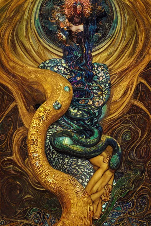 Image similar to Rebirth by Karol Bak, Jean Deville, Gustav Klimt, and Vincent Van Gogh, portrait of a sacred serpent, Surreality, radiant halo, shed iridescent snakeskin, otherworldly, fractal structures, celestial dreamscape, arcane, ornate gilded medieval icon, third eye, spirals