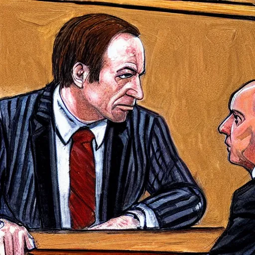 Image similar to saul goodman defending michael scorn in acourt, courtroom painting