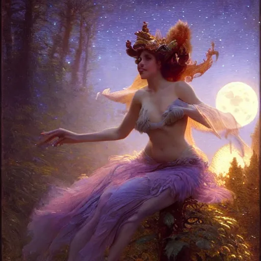 Image similar to attractive fairy magically floating high in the night, fantasy, full moon in background. highly detailed painting by gaston bussiere, craig mullins, j. c. leyendecker, mid shot, 8 k realistic, cryengine, frostbite 3 engine, sharp focus