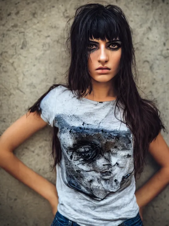 Image similar to hyperdetailed photo of a beautiful italian girl, brown eyes, dark hair, black makeup, skin, winds of winter, with tight ripped grunge crop t - shirt fine face, pretty face