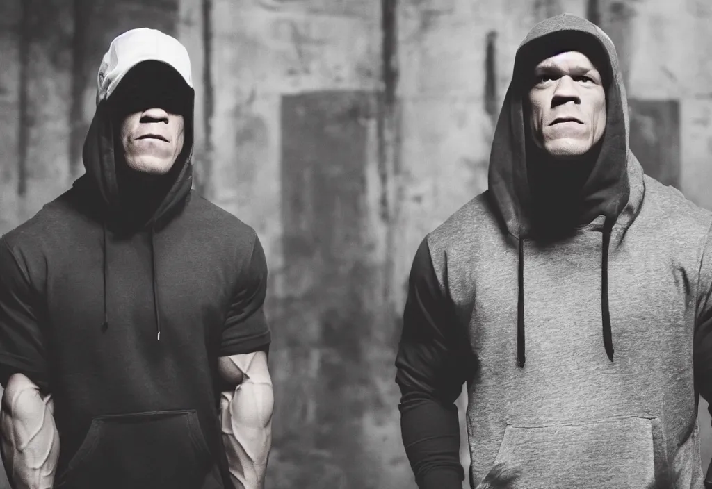 Image similar to john cena with a gray cap and a gray hoodie with the hood on. He's in a rap battle at an abandoned warehouse. Lose yourself by eminem music video.