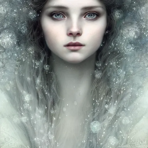 Image similar to Beautiful Delicate Detailed portrait of snow woman, With Magical grey eyes by Tom Bagshaw, Bastien Lecouffe Deharme, Erik Johansson, Amanda Sage, Alex Grey, Alphonse Mucha, Harry Clarke, Josephine Wall and Pino Daeni, Delicate winter frozen creature With long white windy Hair and Magical Sparkling Eyes, Magic Particles; Magic Swirls, in a oit of this world magical frozen landscape, 4K; 64 megapixels; 8K resolution concept art; detailed painting; digital illustration; hyperrealism; trending on Artstation; Unreal Engine Photorealistic, lifelike, Unreal Engine, sharp, sharpness, detailed, 8K