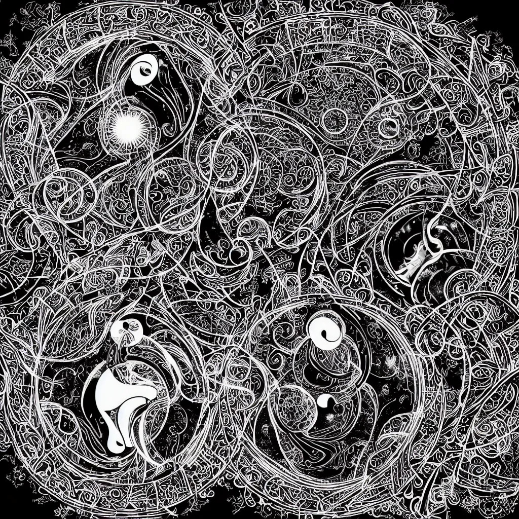 Image similar to digital ying-yang, laser lights, intricate design, high detail, taoism, digital art