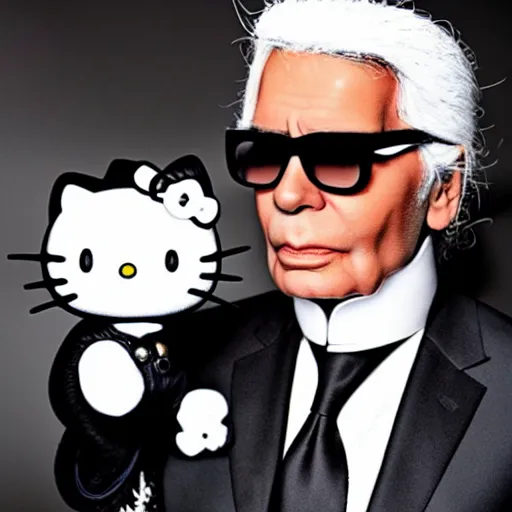 Image similar to photograph of Karl Lagerfeld wearing a hello kitty tshirt , highly detailed, 8k, cinematic,