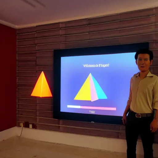 Prompt: a vietnamese daytrader named jay standing proudly in front of triangular nanoleaf led lights on his wall