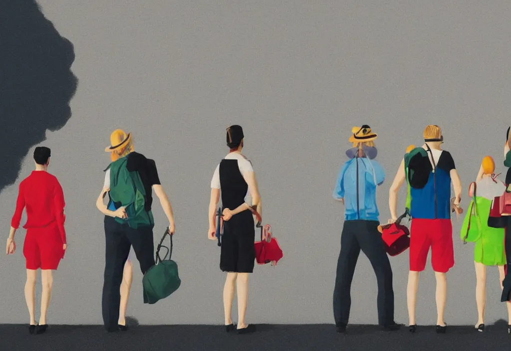 Image similar to full body portrait of a trio of european tourists getting off a tour bus for sightseeing, character designs painting, in the style of wes anderson, rene magritte, lola dupre, david hockney, isolated on white background, dark monochrome neon spraypaint accents volumetric octane render