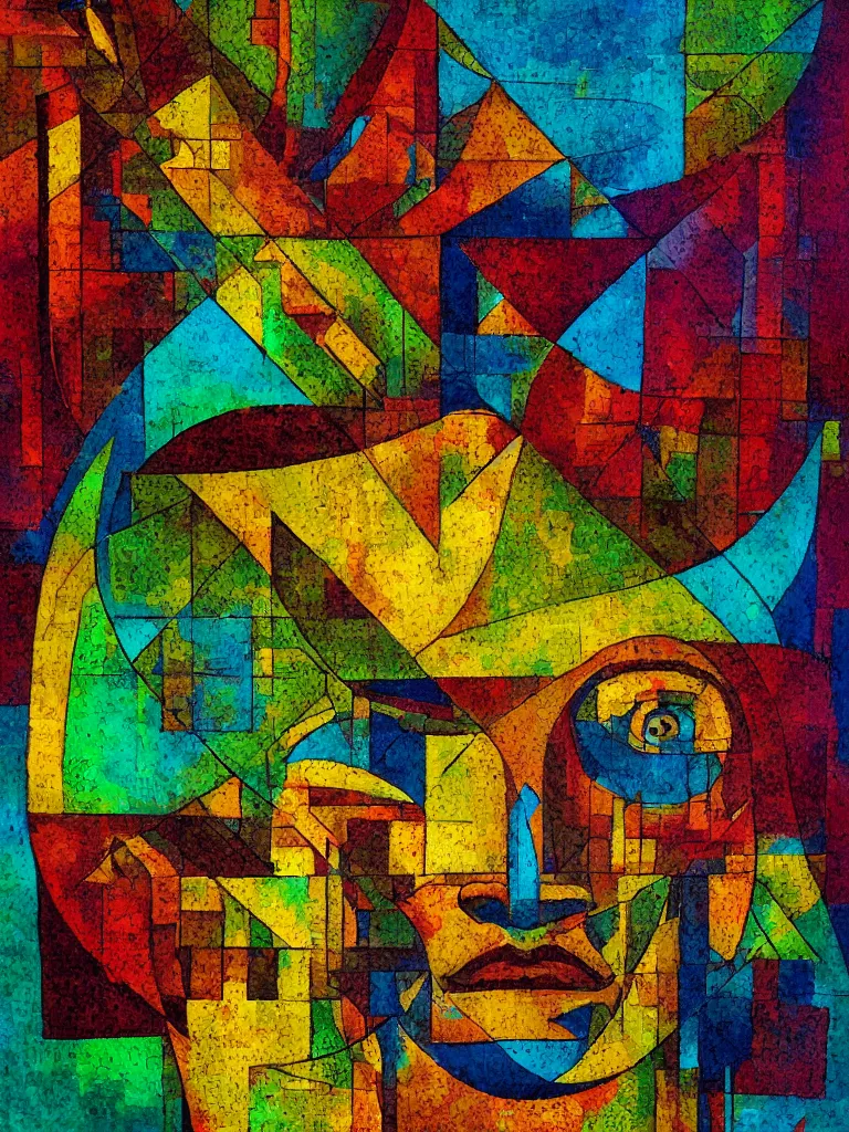 Prompt: an abstract painting of a face showing elements of pixel art, sacred geometry, mossy raised lettering, modern cubism, biomechanics, artistic composition, sharp focus, intricate concept art, digital painting, colorful flat surreal design