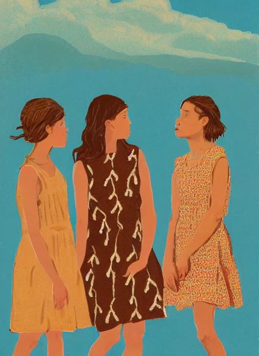 Prompt: composition by justine kurland, a zoomed out portrait of 3 beautiful tan skinned light brown hair girls in different pattern dresses in a scenic representation of mother nature and the meaning of life by billy childish, thick visible brush strokes, shadowy landscape painting in the background by beal gifford, vintage postcard illustration, minimalist cover art by mitchell hooks