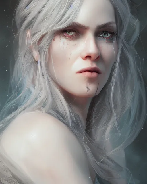 Image similar to portrait of a beautiful sorceress flowy grey hair, grey eyes, cinematic lighting, highly detailed, digital painting, trending on artstation, pixiv, concept art, sharp focus, illustration, art by ross tran and wlop