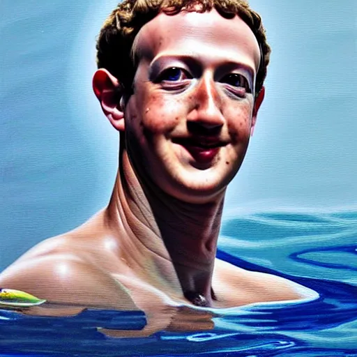 Image similar to mark zuckerberg as poseidon emerging out of the water, oil painting