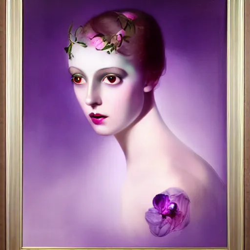 Image similar to a girl with three eyes : : on 5 translucent luminous spheres, full of floral and berry fillings, in an ocean of lavender color by rolf armstrong, monia merlo