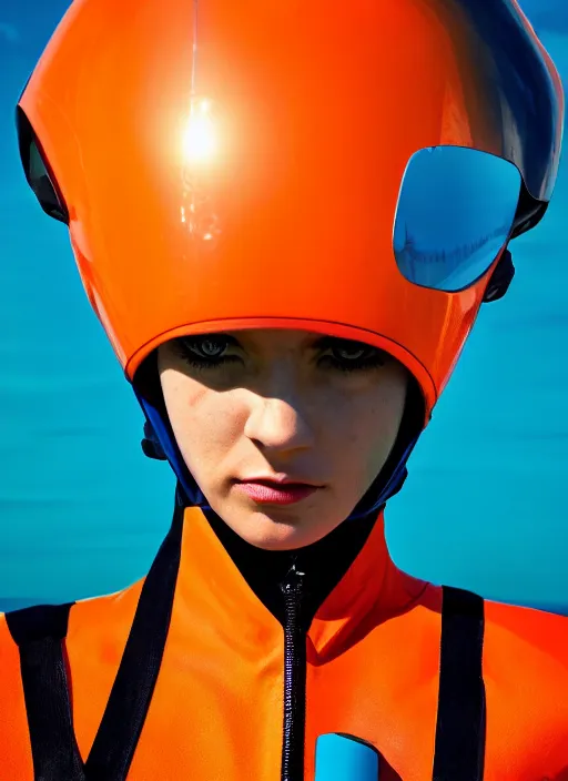 Image similar to symmetry, closeup portrait of a racer girl, cyborg, jumpsuit, in clouds, cinematic light, windy, cyan, orange, by gerald brown, by mikhail