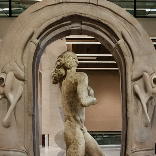 Prompt: futuristic ancient creature arrived through a portal, ancient statue in museum