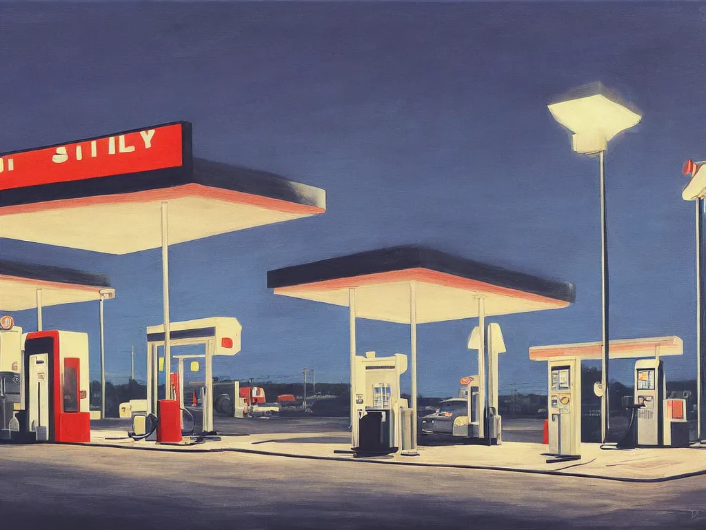 Prompt: empty minimalist gas station at night, 7 0 s, stanley kubrick the shinning, american gothic, vibrant colors americana, cinematic, volumetric lighting, ultra wide angle view, realistic, detailed painting in the style of edward hopper and rene magritte