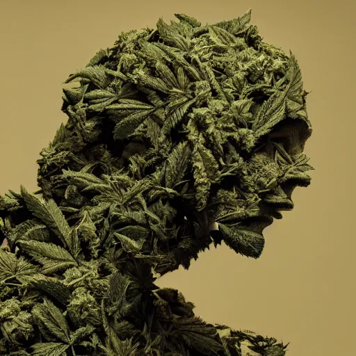 Image similar to an amazing deep portrait of a robot made of marijuana, intricate detail, volumetric lighting, 8 k, photorealistic, digital art trending on artstation