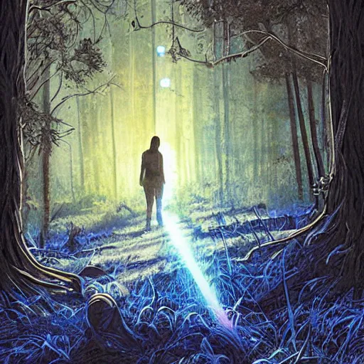 Image similar to a dirty lost person is following a floating blue softly glowing ball of light through the swampy forest, art by Alberto Rocha .