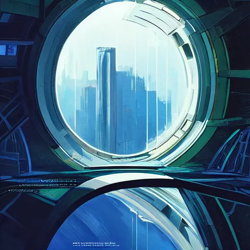 Image similar to centered circular derelict portal in a middle of a futuristic cityscape located under a bridgeway, world seen only through a portal, daylight, cinematic perspective, cinematic lighting, blue sky, syd mead, john harris, symmetrical