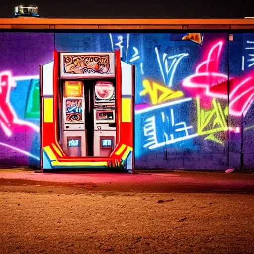 Prompt: a lonely arcade machine at night. beach buildings with graffiti in the background. photograph in the style of simon stalenhag