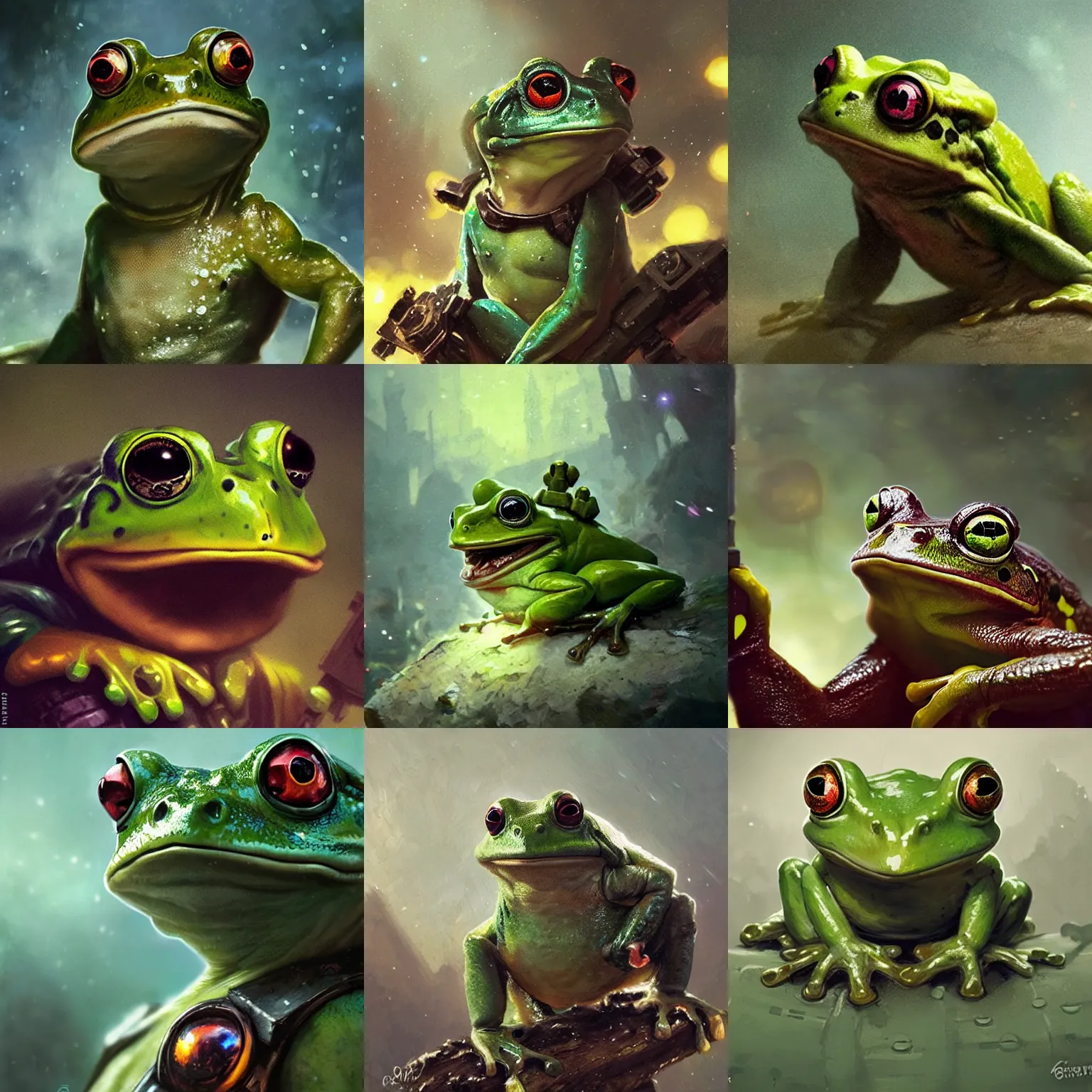 Prompt: portrait of a cute frog from warhammer 4 0 k, angry, battlefield, bokeh, painting by greg rutkowski