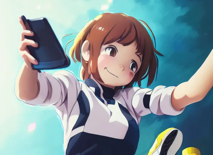 Prompt: closeup portrait of ochaco uraraka from my hero academia taking a selfie with her shoe collection, comfy, lofi, gentle, anime, intricate, sharp focus, lens flare, bloom, illustration, highly detailed, digital painting, concept art, matte, art by ruan jia and wlop and greg rutkowski, masterpiece