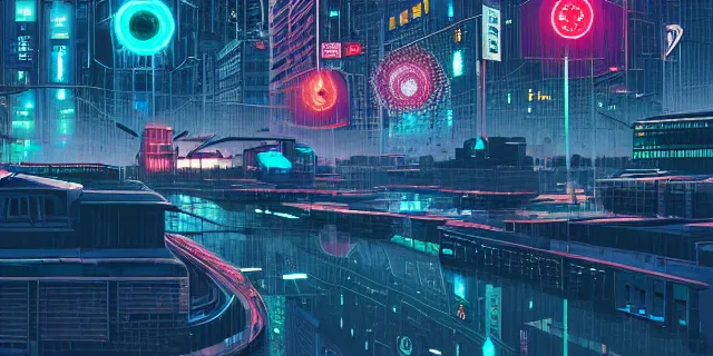 Image similar to network of technological dots floating in the middle of a cyberpunk tokyo 2 0 9 9 city, in the art style of dan mumford and marc simonetii, atmospheric lighting, intricate, volumetric lighting, beautiful, sharp focus, ultra detailed