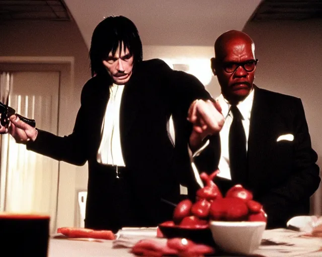 Image similar to Mads Mikkelsen as Vincent Vega in Pulp Fiction with Samuel Leroy Jackson