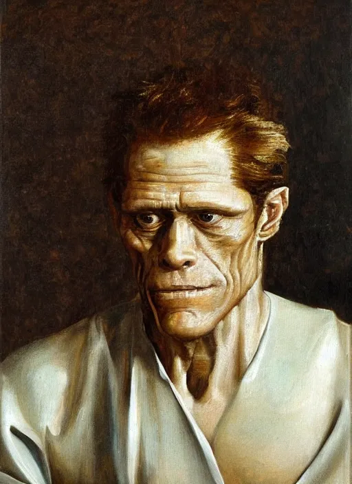 Prompt: flattering regal painting of willem dafoe, renaissance oil painting, studious