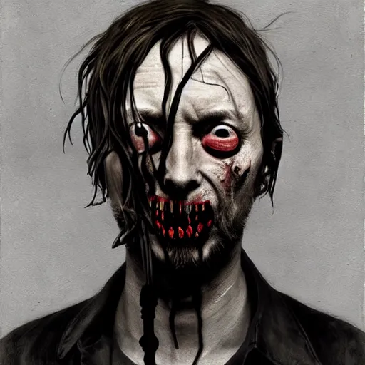 Image similar to thom yorke as a zombie, 7 days to die zombie, fine art, award winning, intricate, elegant, sharp focus, cinematic lighting, digital painting, 8 k concept art, art by z. w. gu, art by brom, art by michael hussar, 8 k