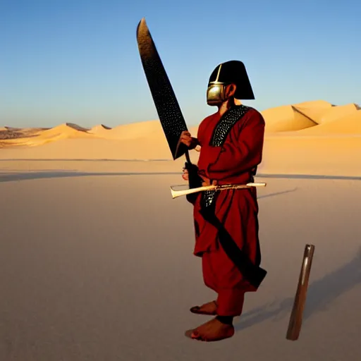 Image similar to masked egyptian samurai with katana, standing in desert