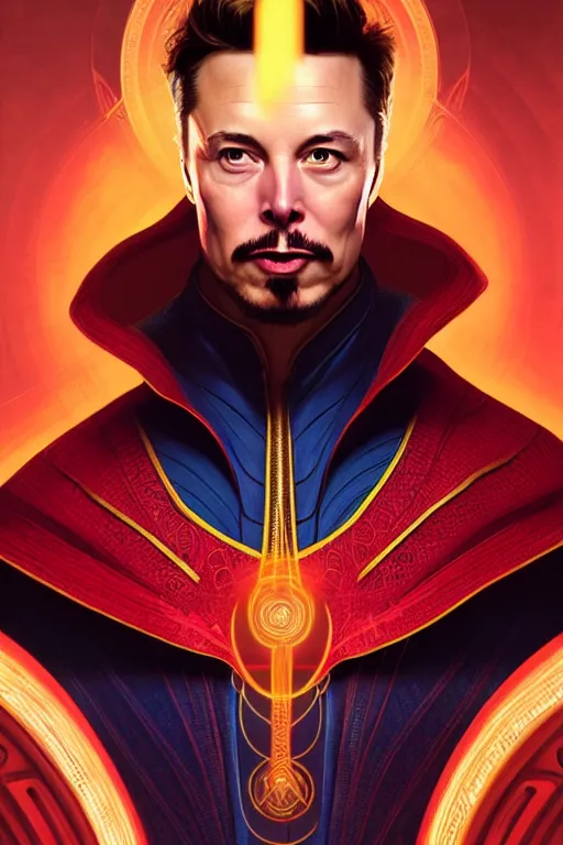 Image similar to elon musk as dr strange, realistic portrait, symmetrical, highly detailed, digital painting, artstation, concept art, smooth, sharp focus, illustration, cinematic lighting, art by artgerm and greg rutkowski and alphonse mucha